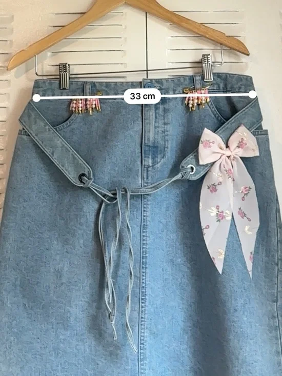 Upcycled Denim Mini Skirt Size 10 – Handmade Charm Details & Floral Bow🌸 - Picture 10 of 12